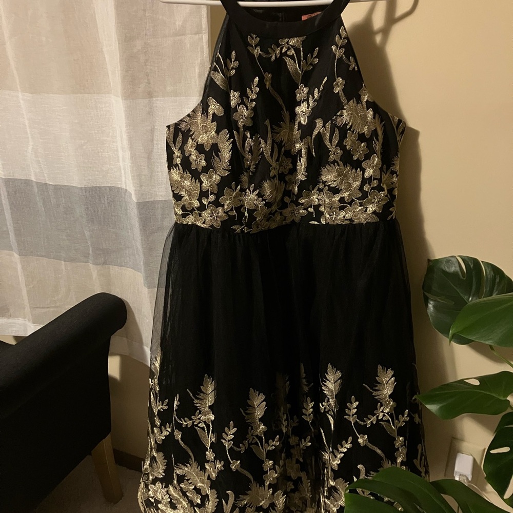 Women’s Formal Black Dress with gold embroidered accents